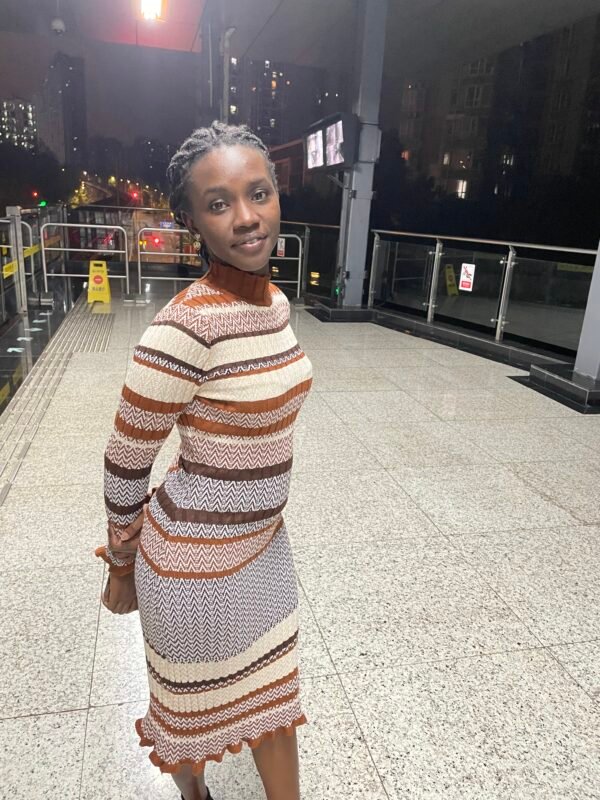 Dress – Geometric Striped Turtleneck Knit Long Dress