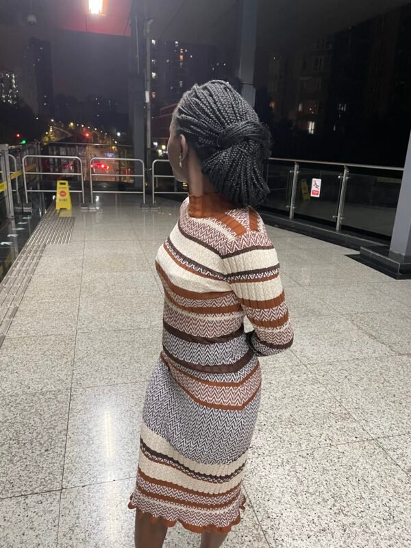 Dress – Geometric Striped Turtleneck Knit Long Dress