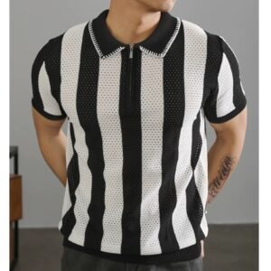 Polo – Breathable Vertical Stripe Polo Black & White