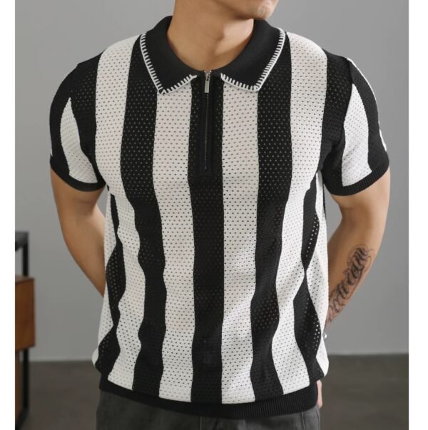 Polo – Breathable Vertical Stripe Polo Black & White