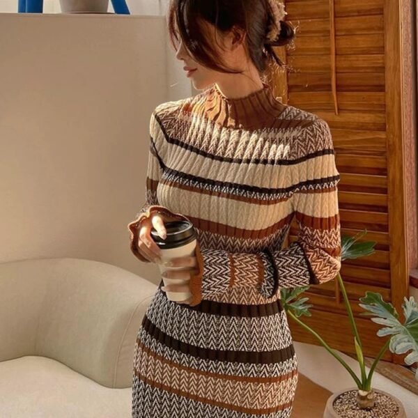 Dress – Geometric Striped Turtleneck Knit Long Dress
