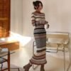 Dress – Geometric Striped Turtleneck Knit Long Dress