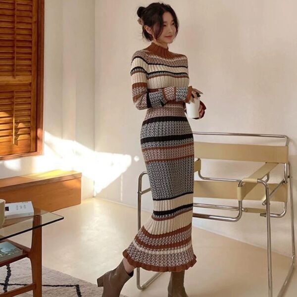 Dress – Geometric Striped Turtleneck Knit Long Dress