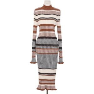 IMG_6312 Dress – Geometric Striped Turtleneck Knit Long Dress