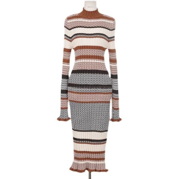 Dress – Geometric Striped Turtleneck Knit Long Dress