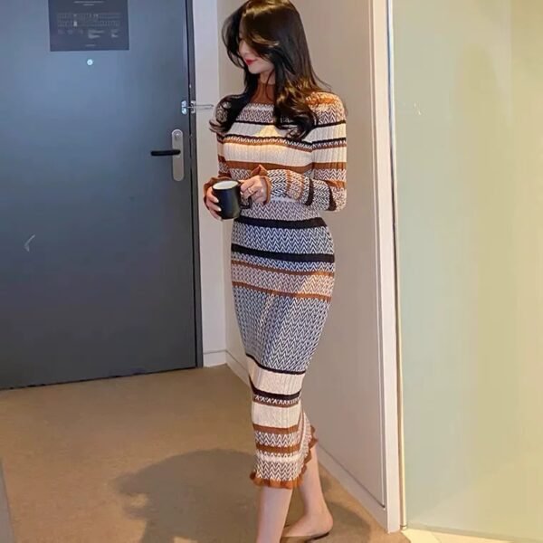 Dress – Geometric Striped Turtleneck Knit Long Dress
