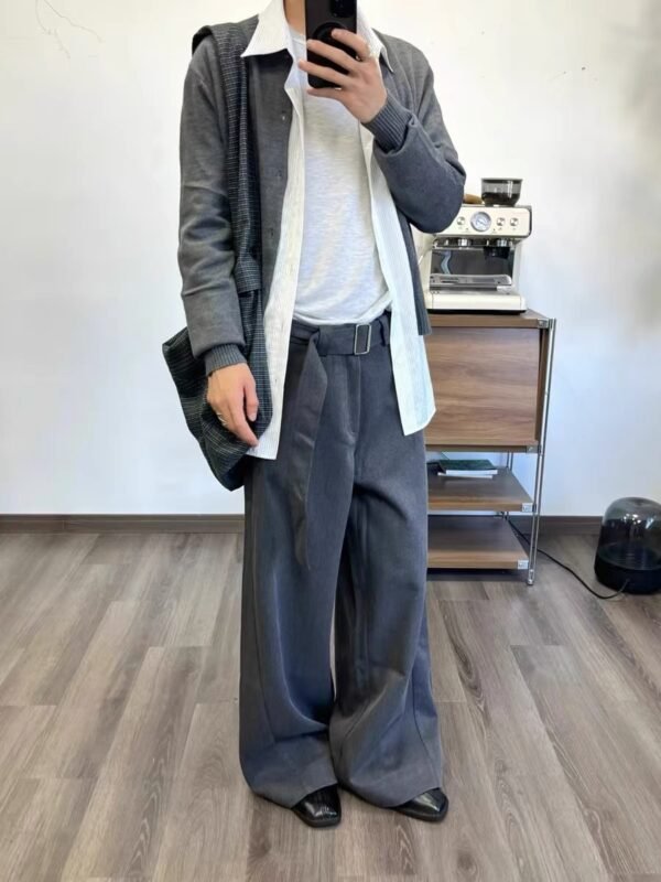Pants Fluid – Integrated Belt Grey Wide Leg