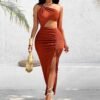 Bodycon Asymmetric Terracotta Dress – Draped Effect & Sexy Cut